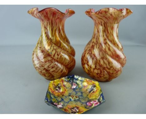 Pair of cranberry swirl glass vases and a colourful enamel decorated bowl