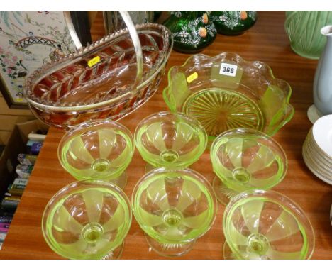 Uranium glass sundae set and a ruby glass and EP fruit basket