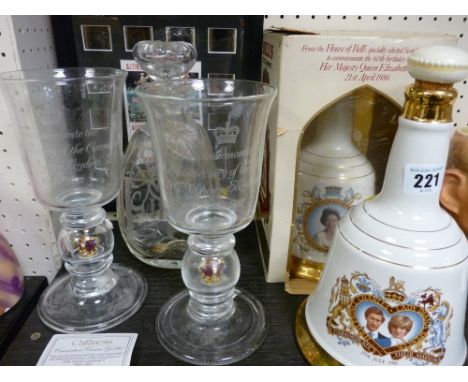 Sealed Bell's Whisky commemorative bottle, another Bell's Whisky bottle, two commemorative etched glass drinking glasses by C