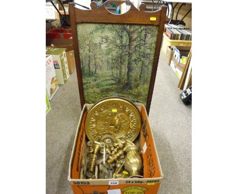 Box of collectable brassware and an oak framed embroidered firescreen