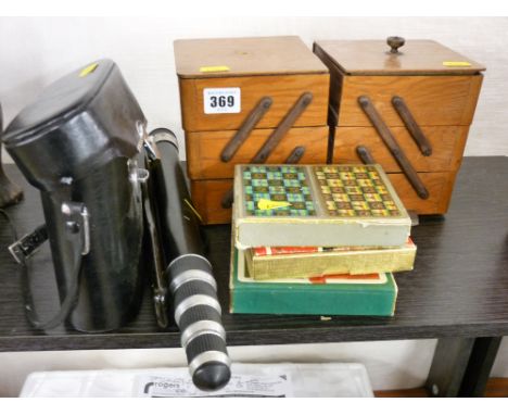 Mini cantilever sewing box and contents, a camera unipod, a set of 8x30 cased binoculars and three boxed sets of playing card