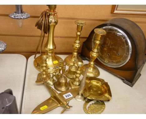 Collection of vintage and other brassware and an oak cased vintage mantel clock