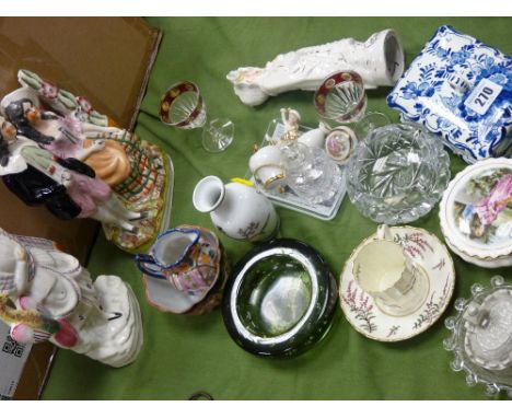 Two Staffs flatbacks and a parcel of glass and china including Royal Worcester coffee can and saucer