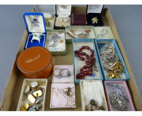 Nine carat gold seed pearl pendant and chain along with other gold and costume jewellery and cufflinks, with a red amber type