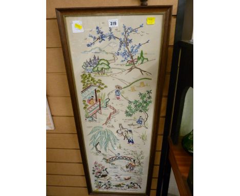 Framed silk and needlework panel depicting various Japanese scenes