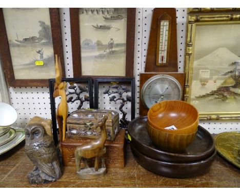 Good treen ornaments, wall barometer, mother of pearl decorated box etc