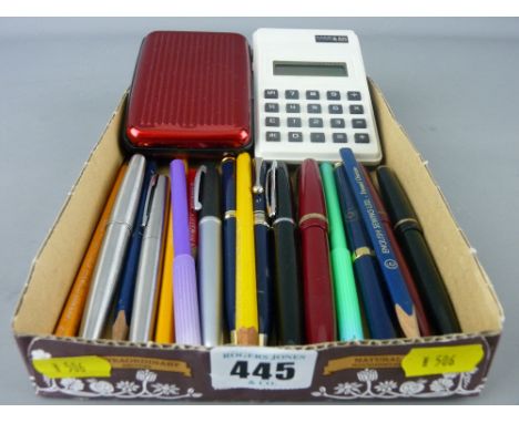 Collection of vintage Parker and other fountain pens, ballpoints and pencils, a vintage Casio calculator and a modern wallet/