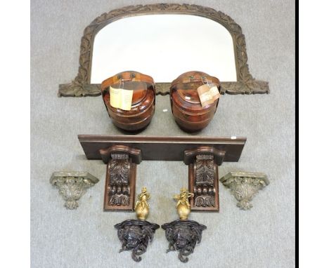 A carved oak over mantel mirror, together with a carved wall shelf, a pair of wall brackets, another pair and a pair of Chine