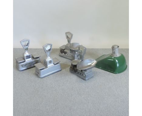 A 20th century green enamelled industrial light fitting, 51cm, together with four sets of shop scales