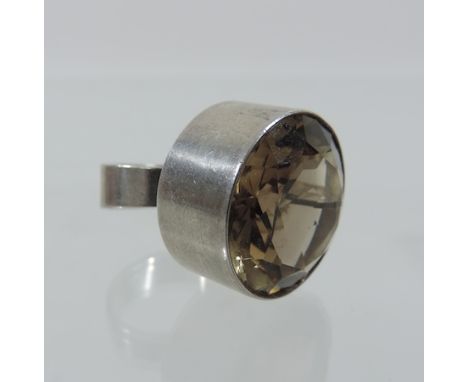A 1970's Danish silver ring, with a large collet set smoky quartz, by N. E. From, Denmark