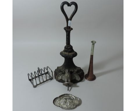 A continental silver trinket dish, together with a white metal car mascot in the form of an owl, a hunting horn, a toast rack