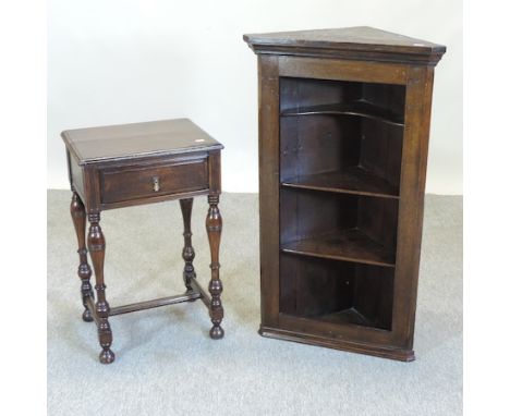 A George III oak hanging corner shelf, together with an oak side table, 41cm