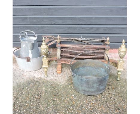 A cast iron fire grate, 79cm, together with fire tools and other metal wares 