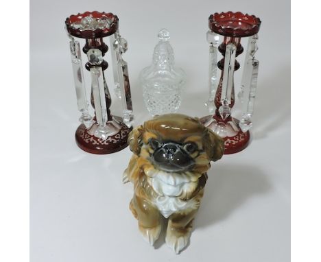 A pair of Bohemian ruby glass lustres, 22cm tall, together with a cut glass comport and a Rosenthal porcelain model of a Peki