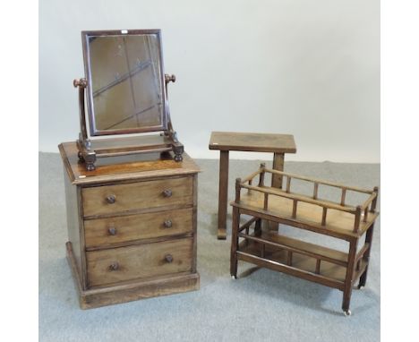 A 19th century chest of drawers, together with a swing framed toiletry mirror, an oak stool, a book trough, containing Ruffs 