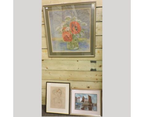 H. Handley, poppies, pastel, 48 x 48cm, together with a pastel of a fishing boat and a together with portrait of Elizabethan 