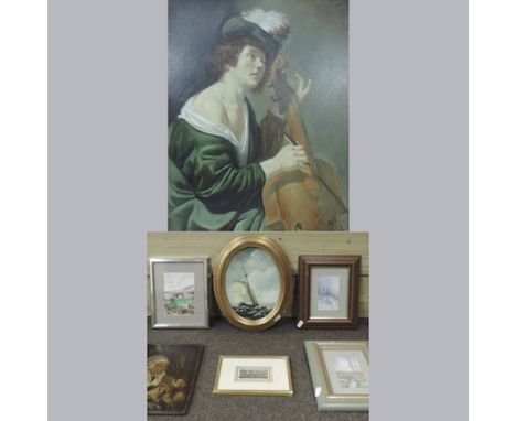 A collection of pictures, together with a silver handled walking stick