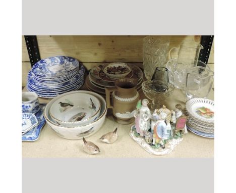 A shelf of china, to include a 19th century glass pedestal dish, a porcelain figure group and Imari china