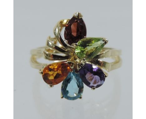 A 14 carat gold multi-coloured gem set ring