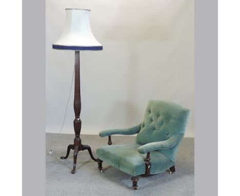 A Victorian green upholstered armchair, together with a mahogany standard lamp 