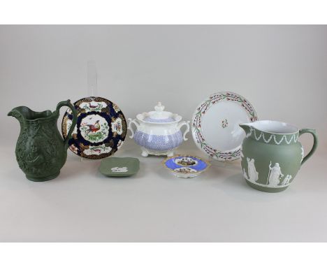 A green and white Wedgwood jasper ware jug, jar and cover and small dish, together with a Victorian blue and white part tea s