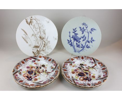 Four Masons Ironstone china plates decorated with birds in foliage 26cm diameter together with two ceramic flat circular serv