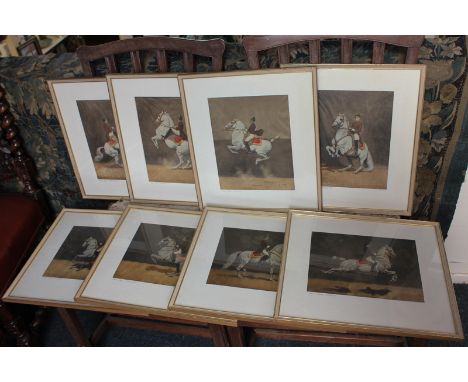 J Plank, set of eight paintings on silk, horse riders from Spanish riding school, portrait and landscape, 27.5cm by 21cm