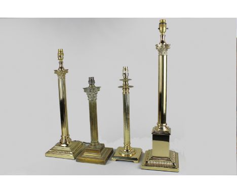 Three various brass Corinthian column table lamps together with another brass column table lamp, tallest 66cm