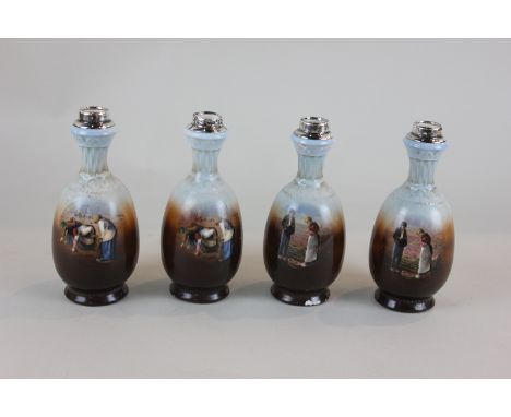 Two pairs of early 20th century silver mounted ceramic vases depicting gathering the harvest, 17cm high