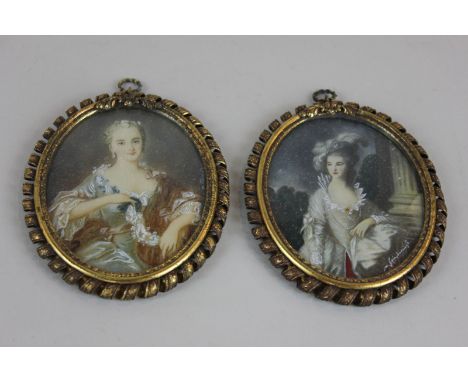 Follower of Tischbein, an oval miniature portrait of a lady in silk dress, and another portrait of a lady in the manner of Ga