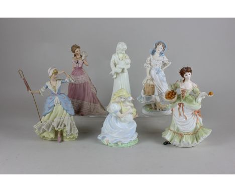 Two Coalport porcelain figures of Nell Gwynn and The Goose Girl, two Royal Worcester figures of The Milkmaid and Sweet Dreams