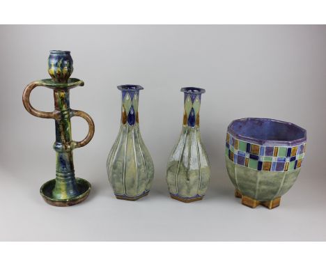 A pair of Royal Doulton bottleneck vases together with a Royal Doulton stoneware jardiniere and a pottery candlestick