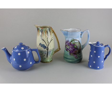 A Russian Kusnet-Zoff / Kuznetsov porcelain jug, hand painted with violets in a wicker basket, 19.5cm high, (a/f), together w