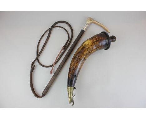 A silver mounted bone handled riding whip together with a brass mounted powder horn