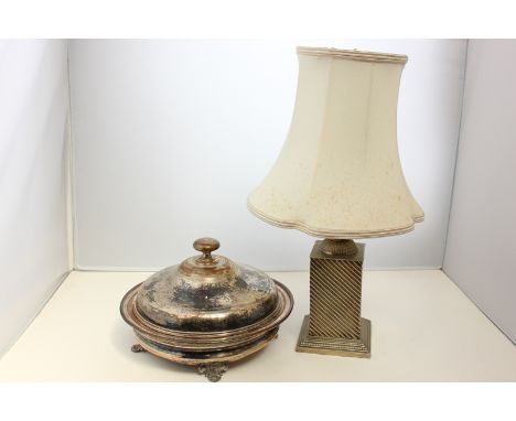 A plated base oil table lamp (converted) with square base, 17cm high, together with a plated muffin dish with cover