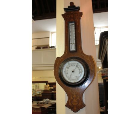 An inlaid mahogany wheel barometer and thermometer, 71cm 