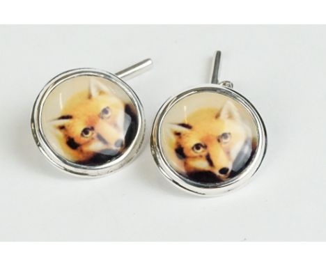 Pair of Silver and Enamel Fox Head Cufflinks 