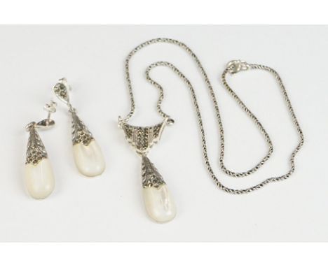 Matching Silver and Marcasite Necklace and Earrings with Mother of Pearl Drops 