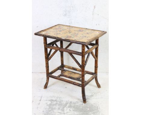 Victorian Aesthetic Movement Bamboo Table with floral and bird pattern decoration to top and shelf below, 67cm wide x 47cm de