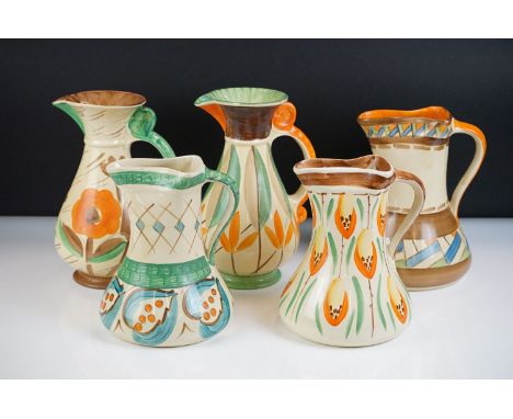 Five Art Deco Myott Hand Painted Water Jugs, three marked 8974, H8301 and 9103, the other two marked B.A.G Co Ltd, tallest 23