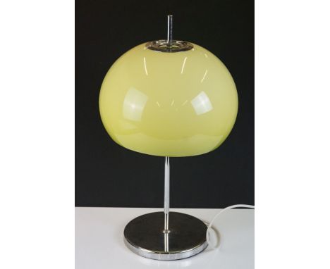 Mid century style Chrome Table Lamp with Yellow Plastic globular Shade, with label ' lot no. 1216, made in Britain, 57cm high