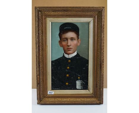 Gilt framed Overpainted Portrait of a transport officer in a peak cap and uniform with insignia ' Scutrebn ' 