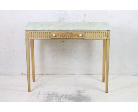 Console Side Table in the 19th century manner with small drawer and raised on square tapering legs, the top with a painted fa