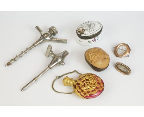 A small group of mixed collectables to include two champagne taps, scent bottle, Bilston enamel patch box...etc. 