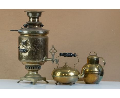A small collection of brassware to include a Samovar with Russian Cyrillic wording, a brass kettle and a brass tea caddy. 