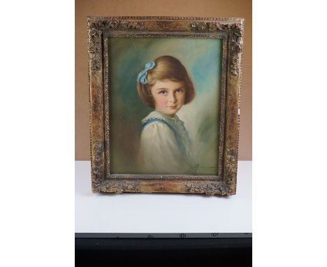 Oil Painting Portrait of Canvas of a Young Girl with a blue bow in her hair, indistinctly signed and dated 1965, faded label 