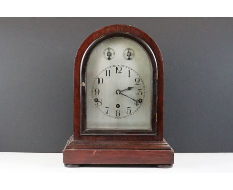 Early 20th Century German Westminster Chiming Mantle Clock in a Mahogany Cased, with silvered dial, slow/fast and chime/silen