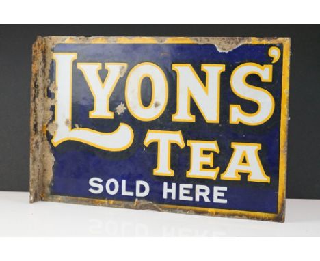 Advertising - Original ' Lyons Tea Sold Here ' double-sided enamel sign, white text on blue ground with orange border. Measur