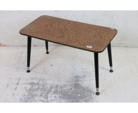 Mid century Retro Coffee Table with burr maple effect top and shelf below, raised on sputnik style legs, 76cm long x 40cm dee