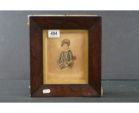 18th / Early  19th century Portrait of a Seated Child holding a flower, 16cm x 13cm, rosewood framed and glazed 
